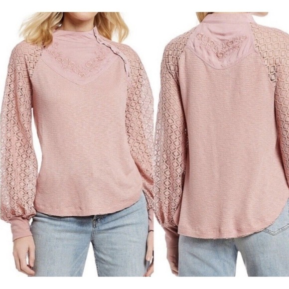 Free People Tops - Free People Women's‎ Sweetest Thing Thermal Pink Blush Top Lace Balloon Sleeve M